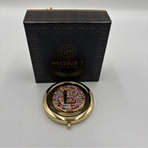 Monet Jewelry Initial L Compact Mirror Gold Tone Finish Multicolored Crystals